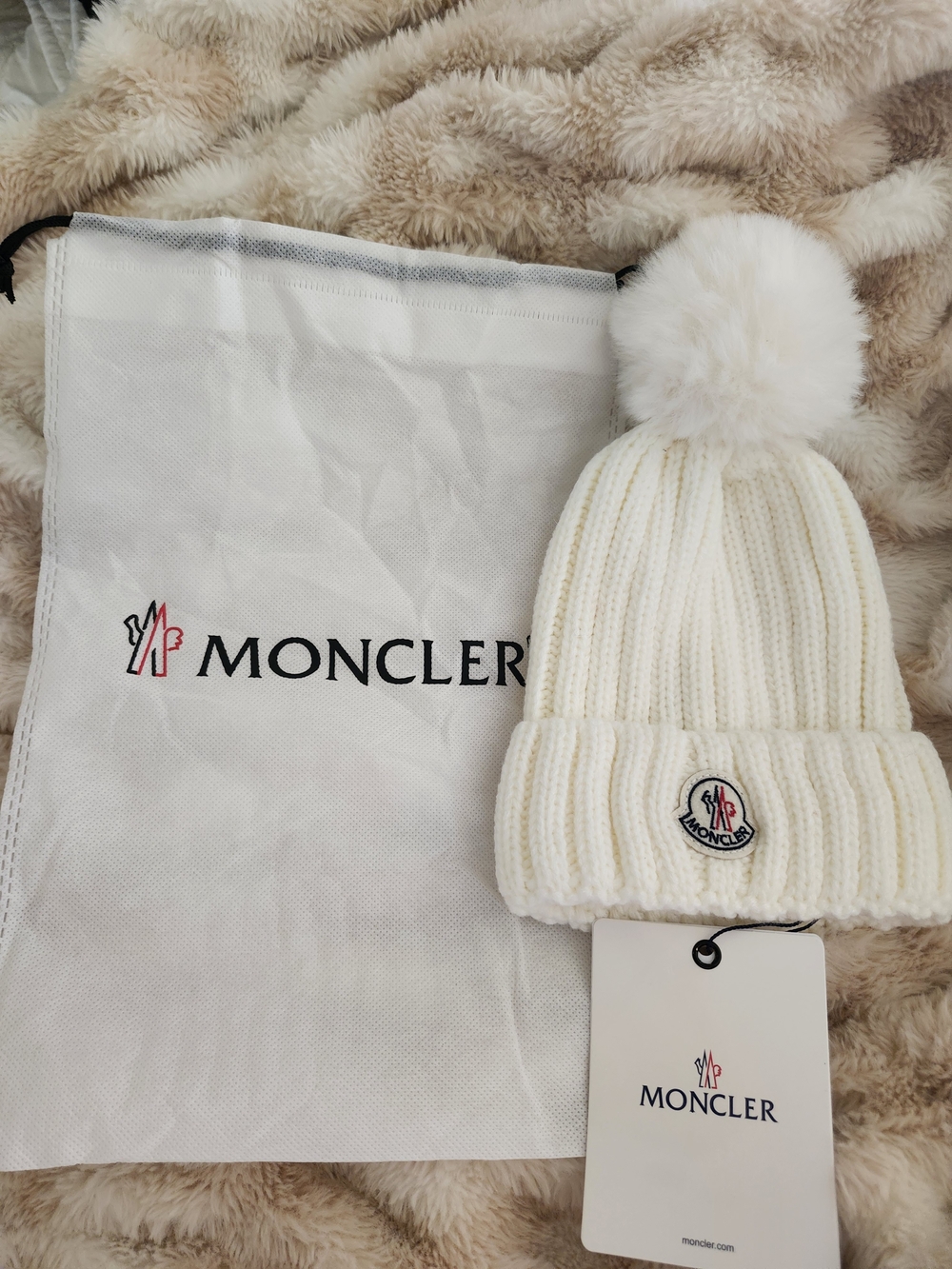 Moncler Cream Ribbed Pom-Pom Beanie